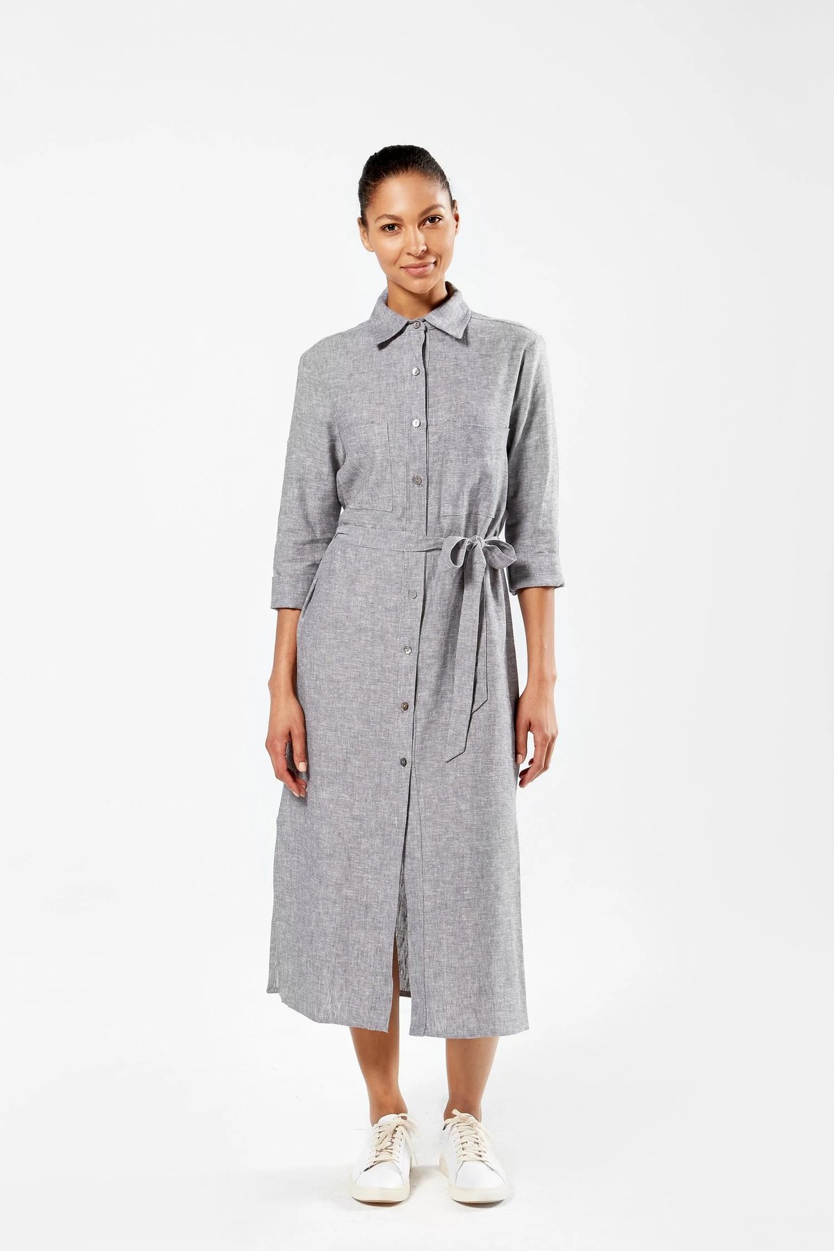 Gray Linen Blend Long Sleeve Shirt Dress for 1 Hotel by Finery.