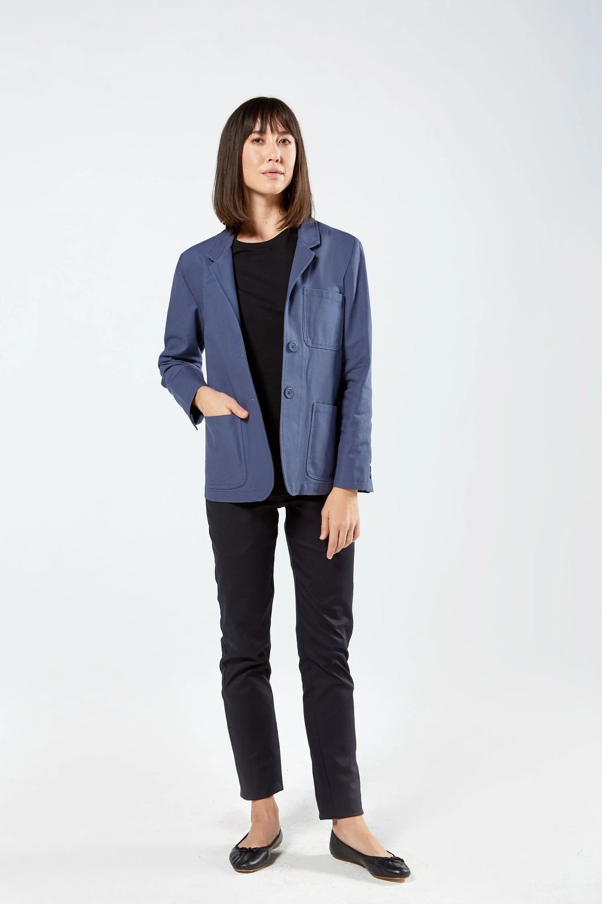 Navy Cotton Canvas Hospitality Patch Pocket Blazer Uniform for 1 Hotel West Hollywood by Finery.