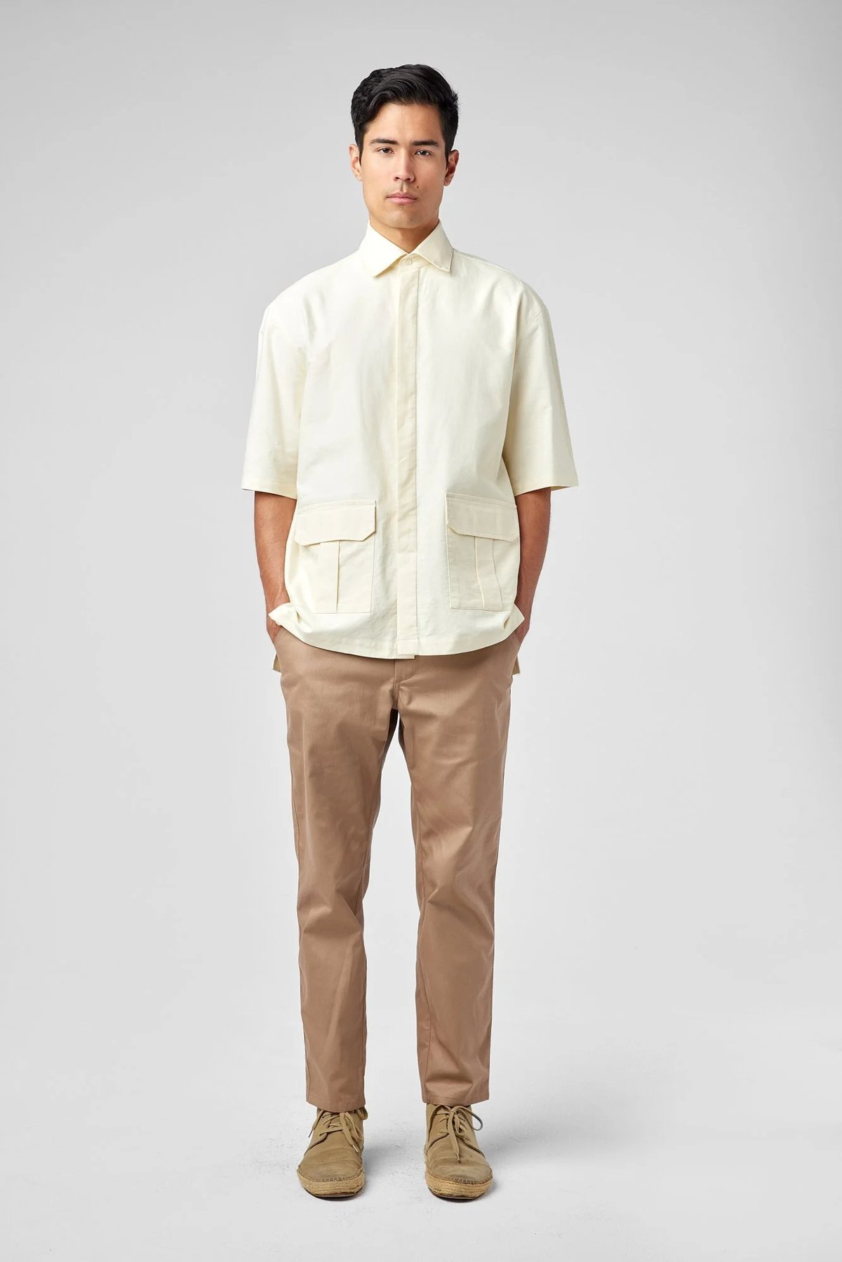Ecru Hospitality Cotton Oxford Sack Shirt Mens Uniform for Amangiri by Finery.