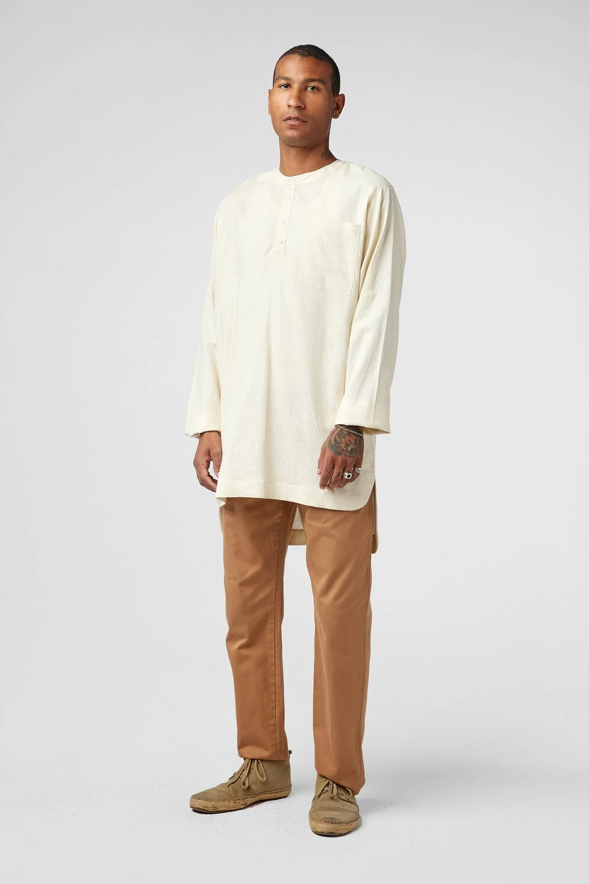 Ecru Hospitality Cotton Oxford Oversized Mens Tunic for Amangiri by Finery.