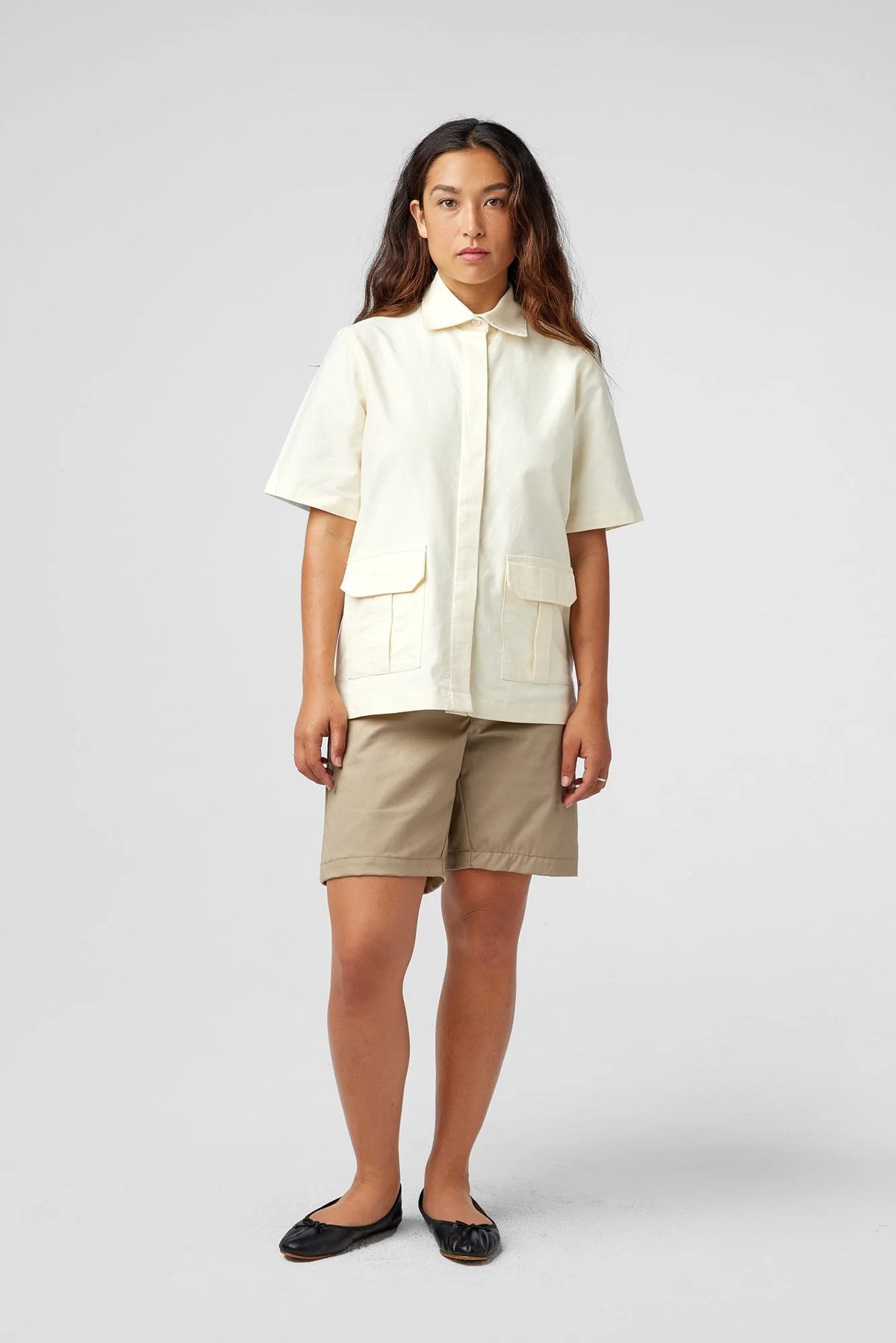 Ecru Hospitality Cotton Oxford Sack Shirt-Womens Uniform for Amangiri by Finery.