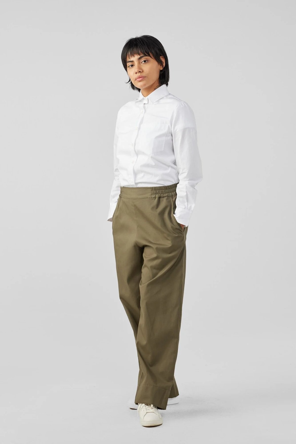 olive twill hospitality wide leg pants uniform by finery  