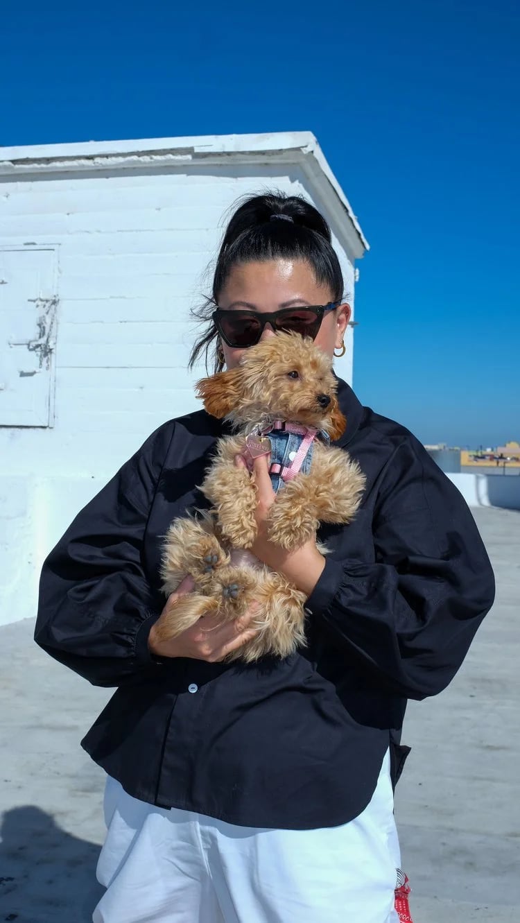 Woman with black hair in a high ponytail wearing sunglasses and black jacket holding a small, fluffy tan puppy with a pink harness outside on a sunny day.