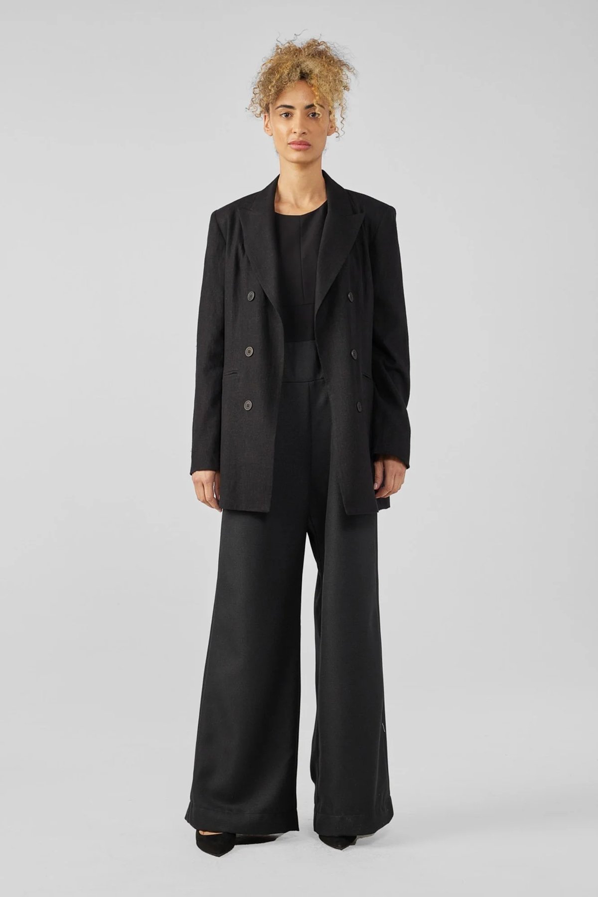 black stretch crepe hospitality romper uniform by finery  
